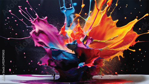 Multicolor paint splash on black background. Explosion of colored paint on black background. Paint splash art.