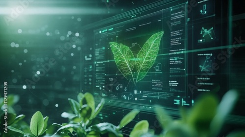 Digital projections of leaves and data showcase the blend of AI and sustainable finance, highlighting innovative strategies for environmental assessments and investment solutions. photo