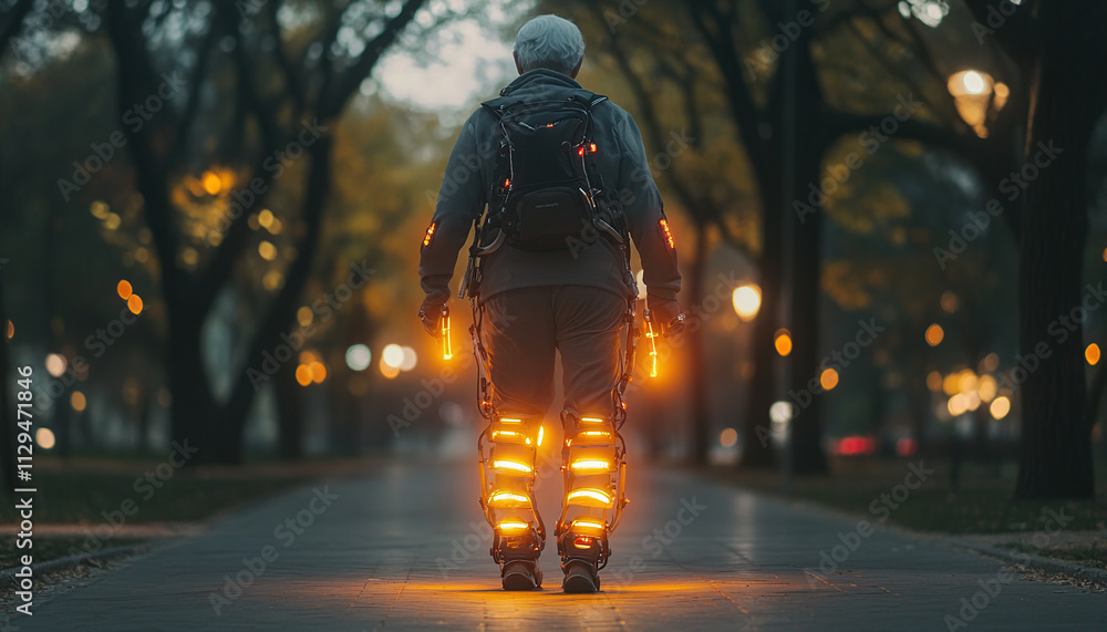 Technological exoskeleton in a park at dusk Technological exoskeleton in a park at dusk