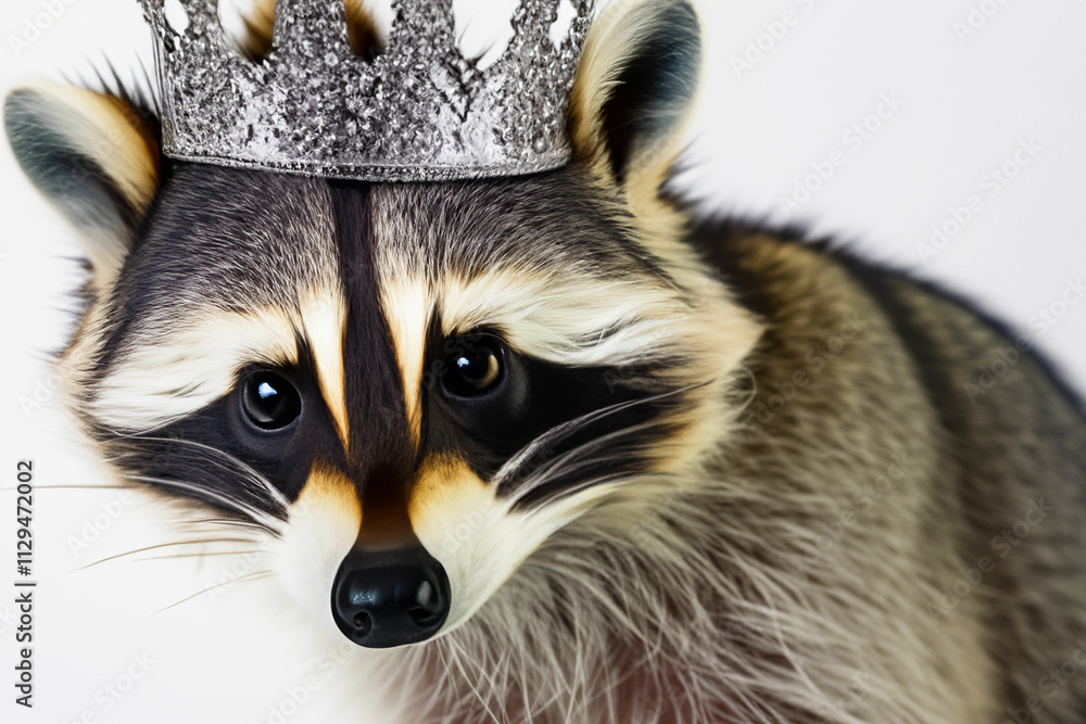 Raccoon wearing crown on its head. Raccoon with gray crown on gray background. Raccoon with a silver crown. A raccoon with a silver crown and lifestyle a gray background. Raccoon wearing crown on its head. Raccoon with gray crown on gray background. Raccoon with a silver crown. A raccoon with a silver crown and lifestyle a gray background.