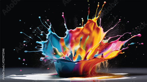 Multicolor paint splash on black background. Explosion of colored paint on black background. Paint splash art.