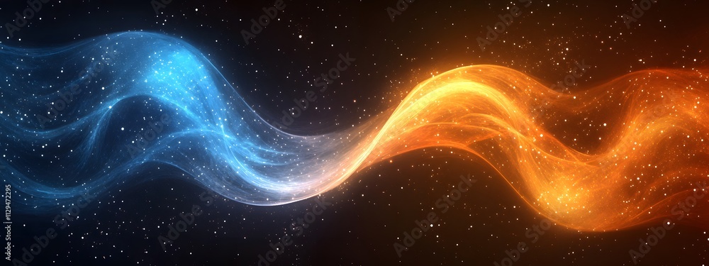 A background with orange and blue flames, with energy waves flowing from left to right, creating an abstract composition A background with orange and blue flames, with energy waves flowing from left to right, creating an abstract composition