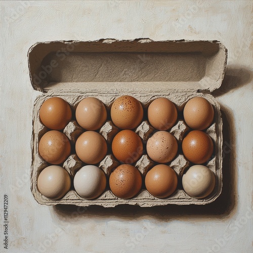 A detailed depiction of brown eggs arranged in a cardboard carton. The eggs vary slightly in color, adding to the realism and appeal for themes around organic and farm-fresh produce. AI generated. photo