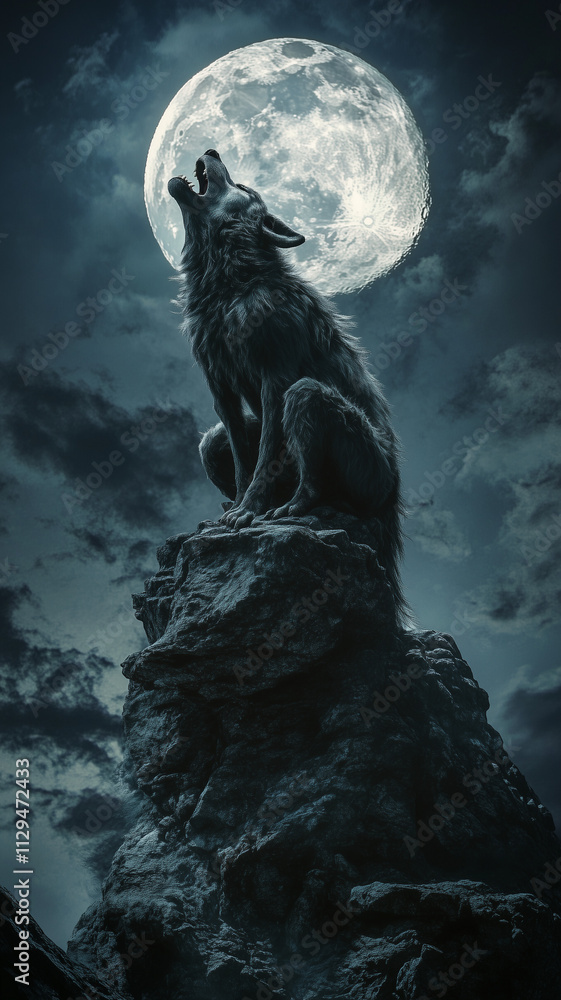Wolf howling at the moon from a tall rock promontory backlit by the ...