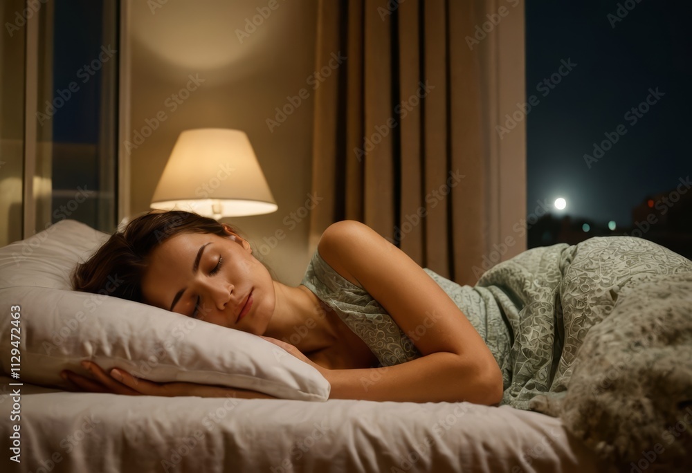 woman sleeping in bed, relaxed girl, aspleep at night woman sleeping in bed, relaxed girl, aspleep at night