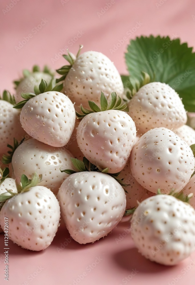 Close-up of white strawberries on soft pink backdrop, healthy, flora, dessert, delicious Close-up of white strawberries on soft pink backdrop, healthy, flora, dessert, delicious