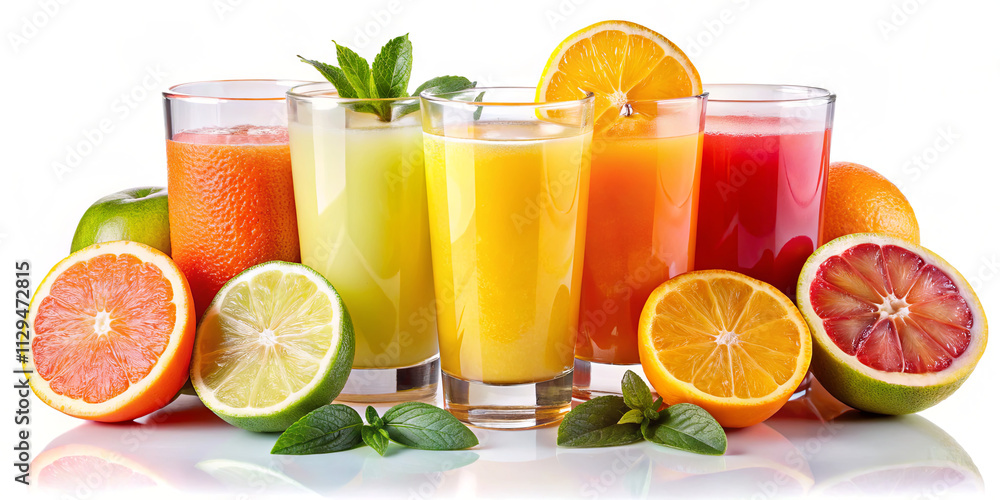 Colorful glasses filled with various freshly squeezed juices are arranged neatly on a table. Surrounding the glasses are assorted citrus fruits, creating a lively atmosphere Colorful glasses filled with various freshly squeezed juices are arranged neatly on a table. Surrounding the glasses are assorted citrus fruits, creating a lively atmosphere