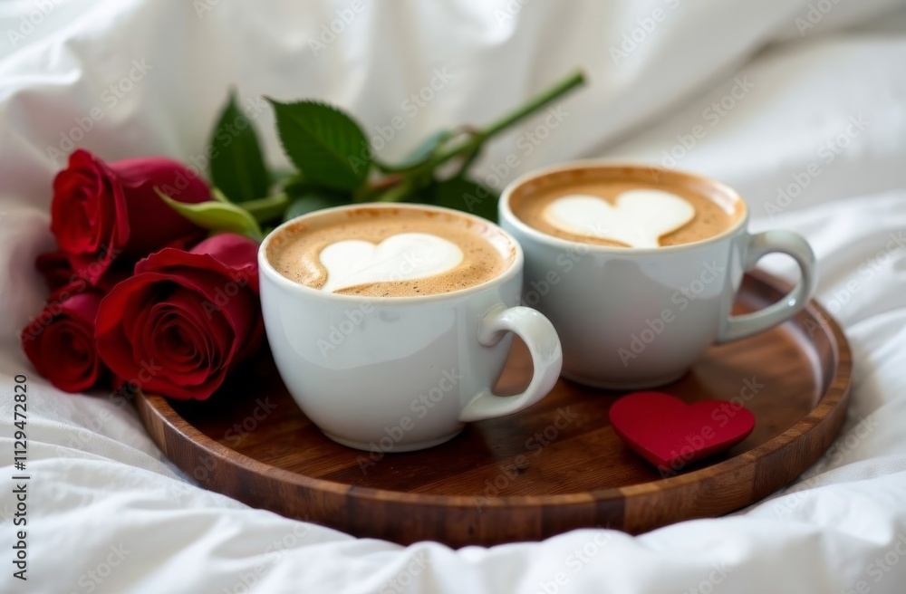 This romantic image captures two cups of coffee with latte art hearts, red roses and red heart on the wooden tray This romantic image captures two cups of coffee with latte art hearts, red roses and red heart on the wooden tray