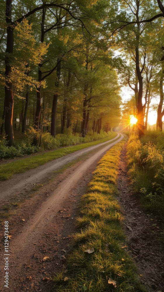 Obraz premium Wide race track winding through lush green woods at sunset, speed, nature