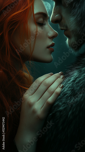 Muscular werewolf man embracing young redhead woman with the full moon in the background. For werewolf fan fiction or romance novel in smartphone 9:16 aspect ratio. photo