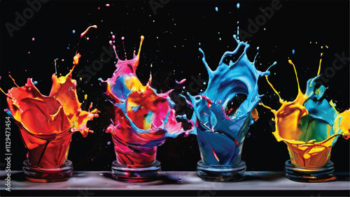 Multicolor paint splash on black background. Explosion of colored paint on black background. Paint splash art.