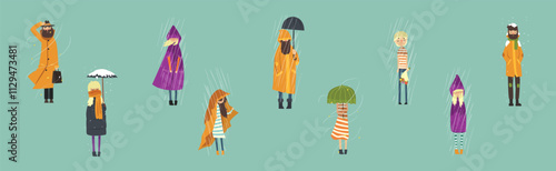 People Character in Stormy Windy Snowy Weather Vector Set