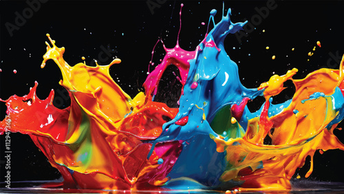 Multicolor paint splash on black background. Explosion of colored paint on black background. Paint splash art.