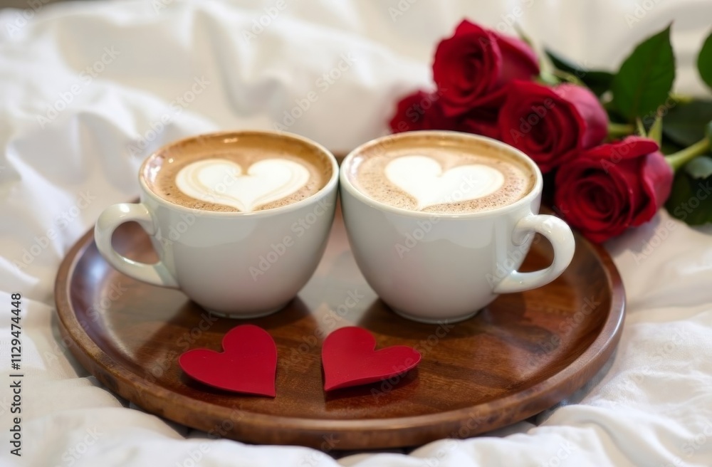 Two cups of coffee with latte art hearts, red roses and two red hearts Two cups of coffee with latte art hearts, red roses and two red hearts