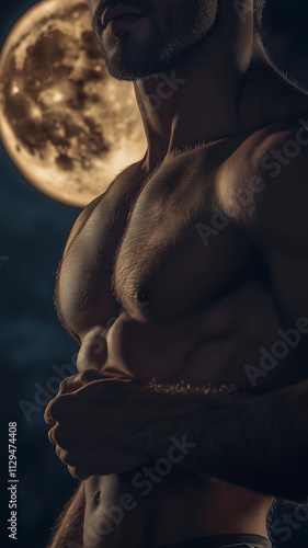 Muscular man with bare chest in glistening in the moonlight with full moon in the background for werewolf romance novel or fan fiction in smartphone 9:16 aspect ratio. photo