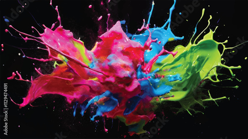 Multicolor paint splash on black background. Explosion of colored paint on black background. Paint splash art.