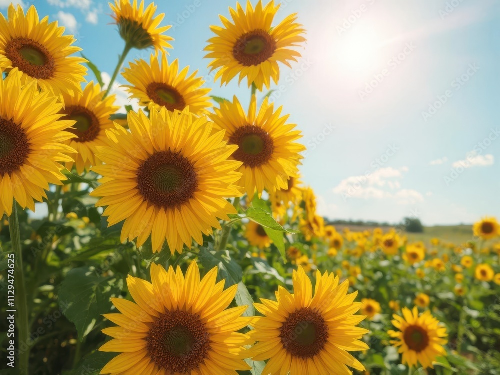 Fototapeta premium Vibrant summer landscape with bright sunflowers and sun rays, landscape, vibrant