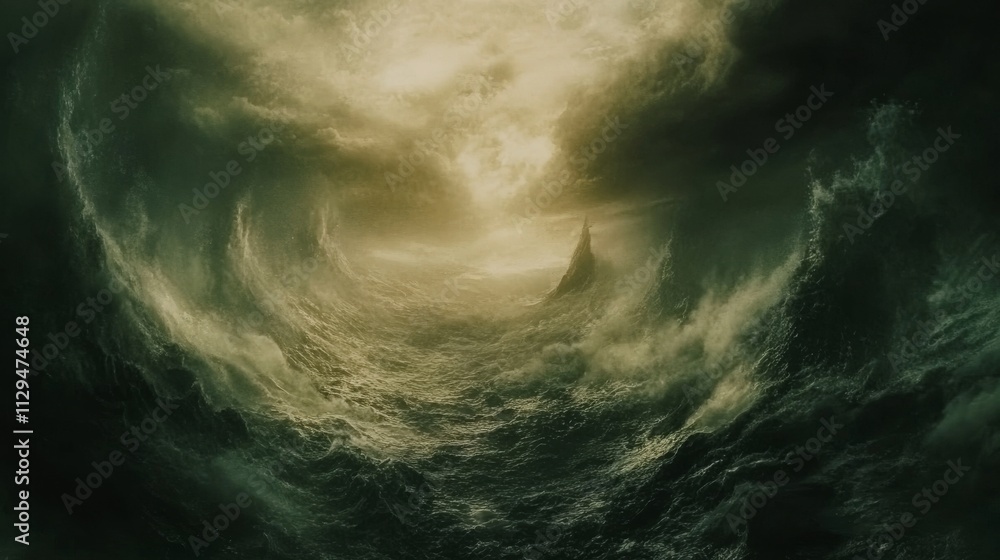 Aerial Perspective Stormy Seascape Composition, Dark Green Palette, Tower Amidst Tempest, Digital Art. Seascape, Storm, Fantasy Aerial Perspective Stormy Seascape Composition, Dark Green Palette, Tower Amidst Tempest, Digital Art. Seascape, Storm, Fantasy