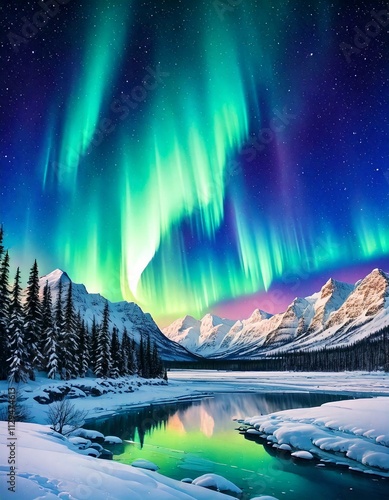 A mystical watercolor aurora borealis over snowy mountains and a frozen lake