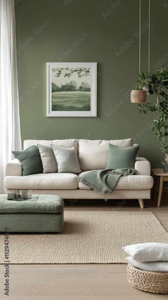 Fototapeta premium Contemporary living room design in soft mint and olive shades, blending sleek furniture with natural tones, creating a balanced and tranquil minimalist space