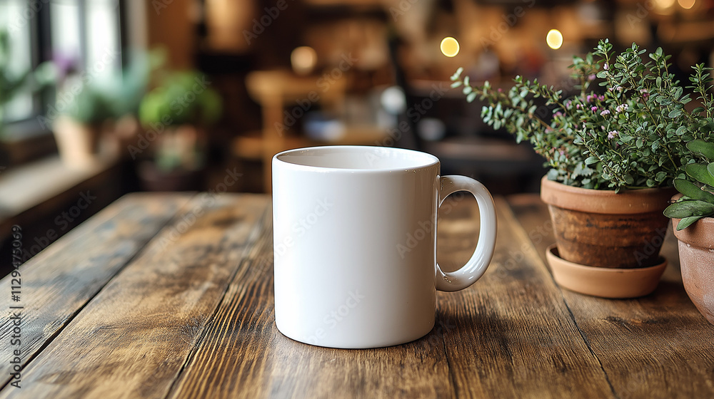 White mug mockup on a wooden table in a coffee shop close-up White mug mockup on a wooden table in a coffee shop close-up