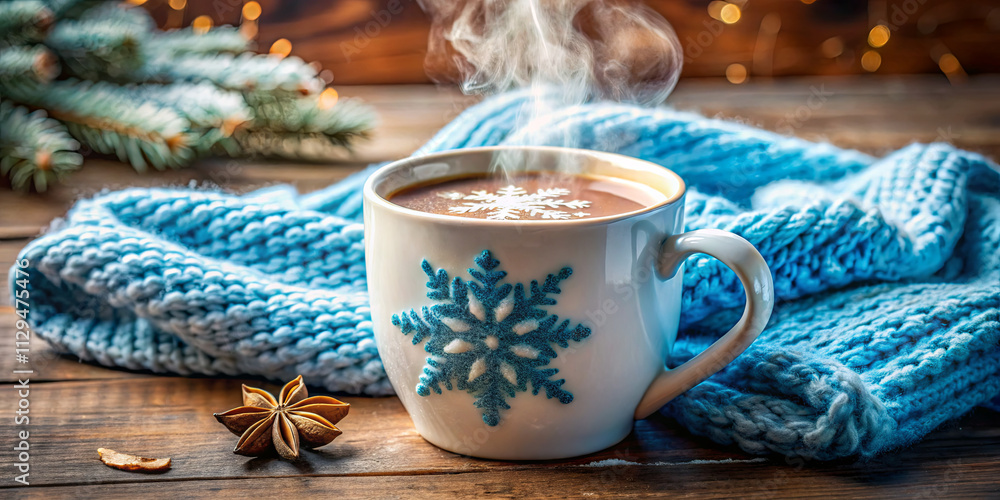 A steaming cup of hot chocolate rests on a wooden surface next to a knitted blue blanket. The background features pine branches and twinkling lights, creating a cozy winter ambiance