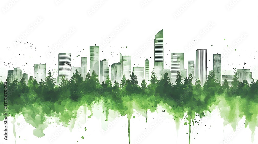 Obraz premium vector drawing of the skyline in front of green trees and buildings on white background, green color palette, watercolor splashes
