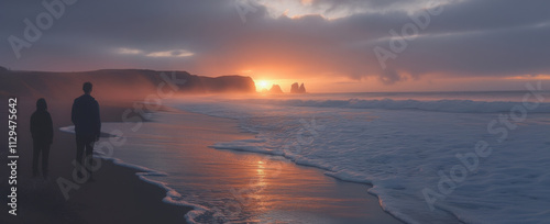 oregon coast, bandon dunes, beach landsacpe, shot low by the sand, with a beautuful misty sunset photo