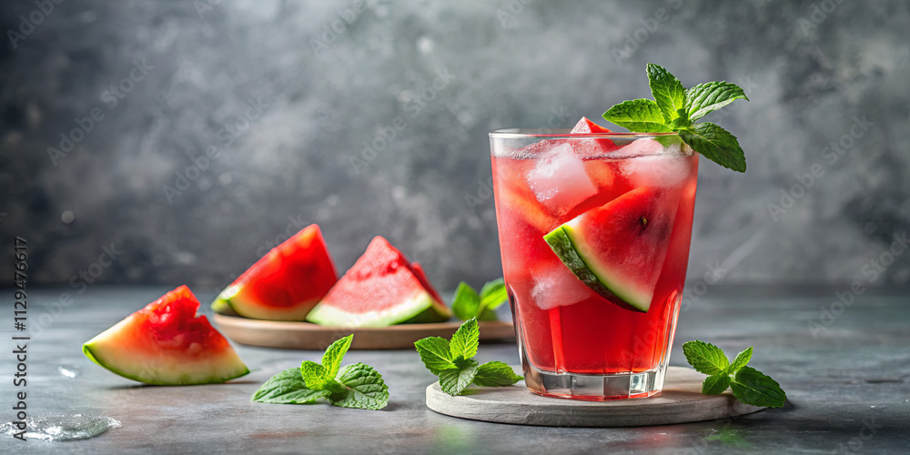 Bright red watermelon drink served in a clear glass with ice, garnished with fresh mint leaves, placed on a rustic wooden coaster alongside watermelon slices Bright red watermelon drink served in a clear glass with ice, garnished with fresh mint leaves, placed on a rustic wooden coaster alongside watermelon slices