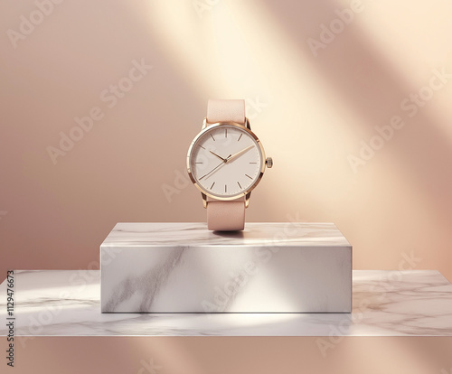 Minimalist watch displayed on a marble slab soft shadows photo