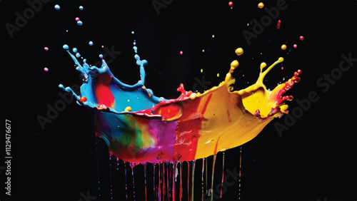 Multicolor paint splash on black background. Explosion of colored paint on black background. Paint splash art.