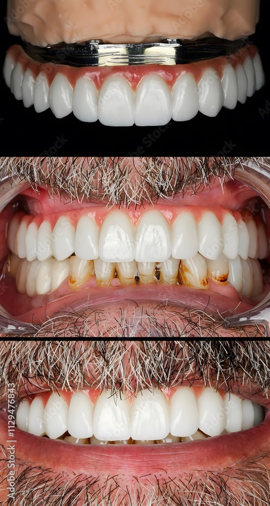 Obraz premium Full arch dental prosthesis supported by implants for an edentulous jaw, using bone level dental implant treatment with jaw surgery in dental dentistry. Dental before after. smile makeover