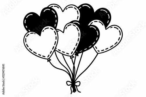 A cluster of heart-shaped balloons tied together vector silhouette on a white background