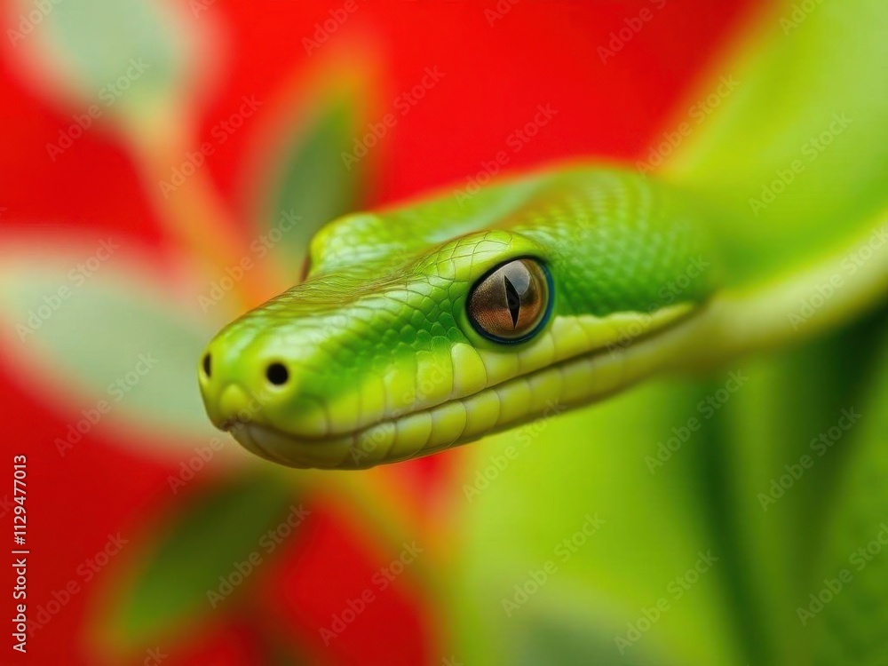 Obraz premium Green snake head close-up on bright background. Symbol of 2025