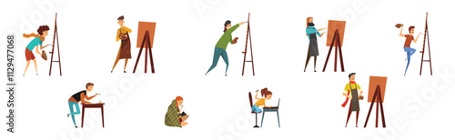 Creative Man and Woman Painter and Artist Drawing Vector Set