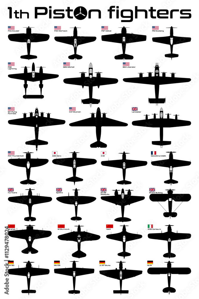 1th Piston global aircraft fighters vector illustration