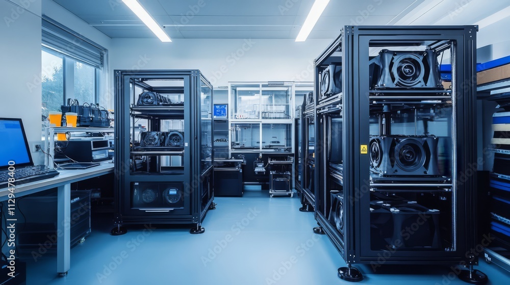 Modern technology lab with server racks and computer equipment. Modern technology lab with server racks and computer equipment.
