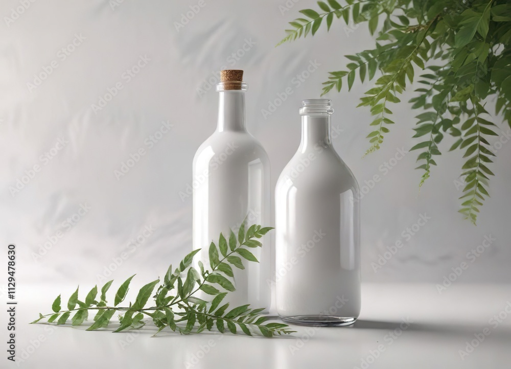Decorative white glass bottle with leafy branch, ornament, plant, interior design, elegant, vase Decorative white glass bottle with leafy branch, ornament, plant, interior design, elegant, vase