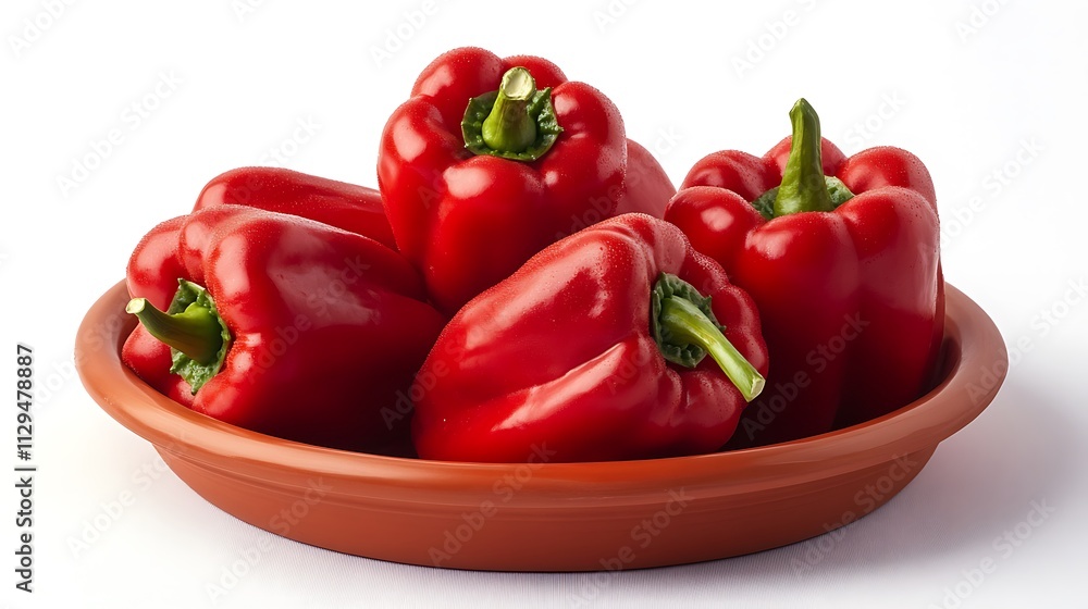 Fresh red bell peppers in a terracotta bowl isolated against a white background Fresh red bell peppers in a terracotta bowl isolated against a white background