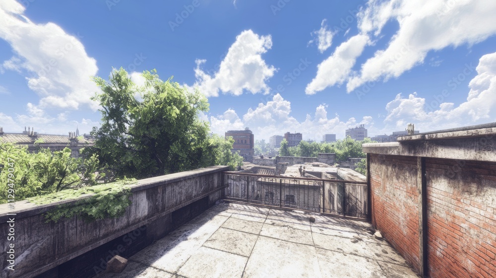 Fototapeta premium Elevated Rooftop View Post-Apocalyptic Cityscape, Digital Painting, Sunlit Ruins, Overgrown, Abandoned Keywords Post-apocalyptic, Digital Art, Urban Decay