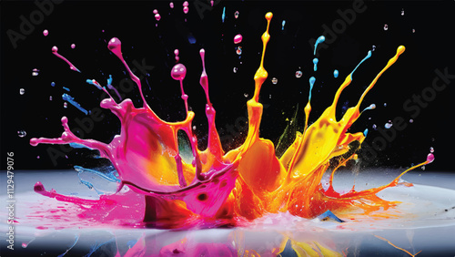 Multicolor paint splash on black background. Explosion of colored paint on black background. Paint splash art.