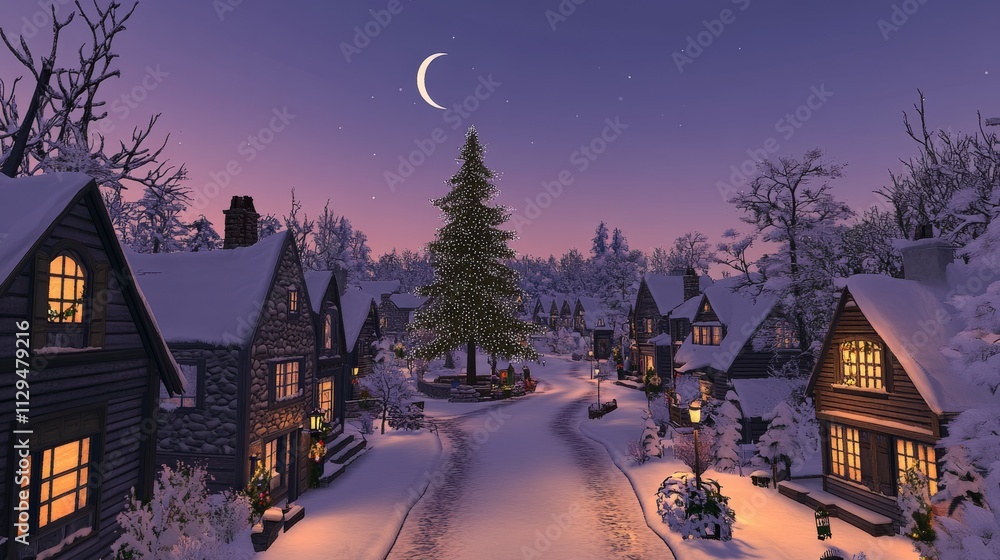 Fototapeta premium Elevated View of Snowy Village at Dusk, Composition Houses and Christmas Tree, Image Winter Scene, Concept Festive Holiday, Christmas village, winter wonderland Christmas, winter