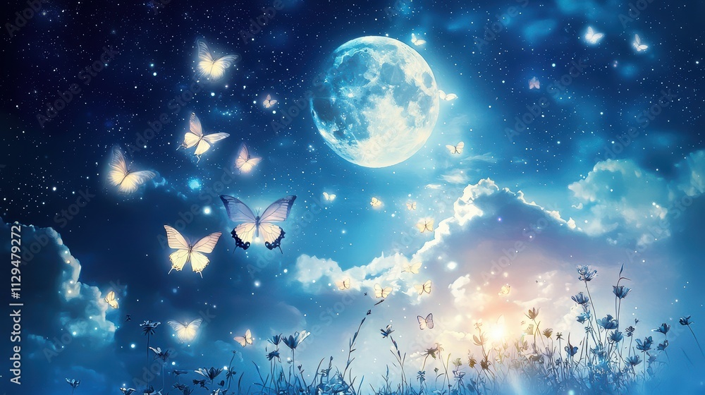 A serene night scene featuring a bright moon, delicate butterflies, and a starry sky, creating a magical atmosphere filled with soft clouds and blooming flowers. A serene night scene featuring a bright moon, delicate butterflies, and a starry sky, creating a magical atmosphere filled with soft clouds and blooming flowers.