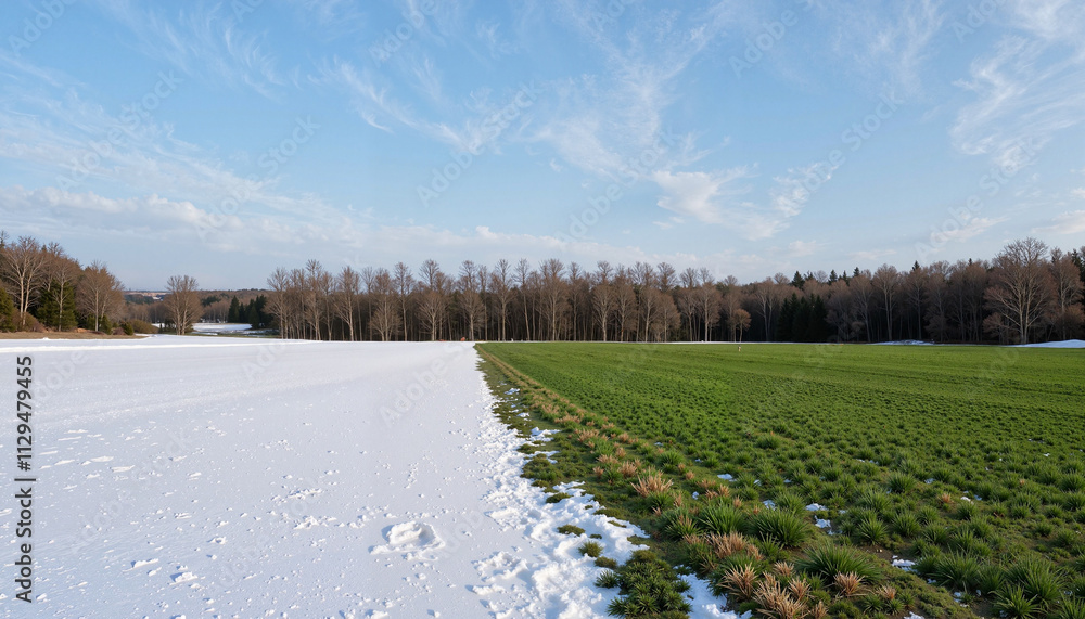 Contrast of Winter and Spring in a Serene Landscape with Soft Blue Skies Contrast of Winter and Spring in a Serene Landscape with Soft Blue Skies
