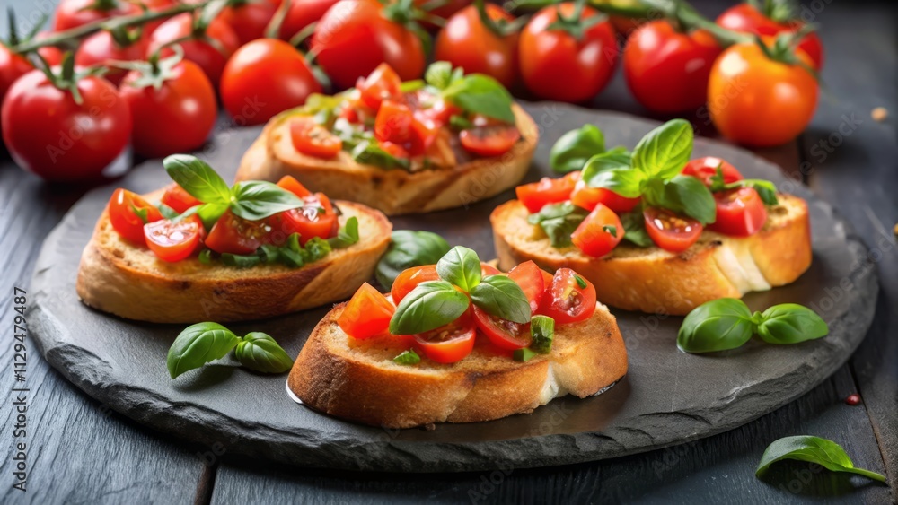 Elegant Tomato and Basil Crostini with Olive Oil Drizzle on Black Slate Plate Elegant Tomato and Basil Crostini with Olive Oil Drizzle on Black Slate Plate