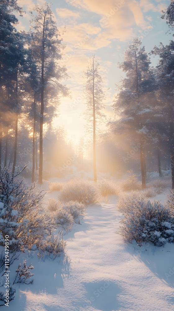A snowy forest at sunset, with the sun casting long shadows and illuminating snow-covered trees in warm hues of orange and pink A snowy forest at sunset, with the sun casting long shadows and illuminating snow-covered trees in warm hues of orange and pink