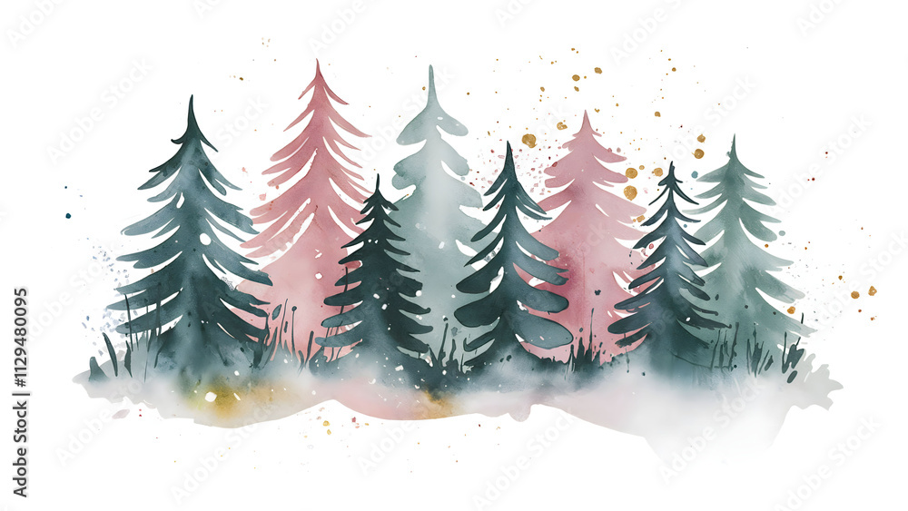Obraz premium Whimsical Watercolor Illustration of Snowy Pine Trees in Soft Winter Hues