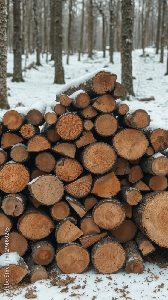 A stack of chopped wood logs and stumps in a winter forest setting, resource, snowy A stack of chopped wood logs and stumps in a winter forest setting, resource, snowy