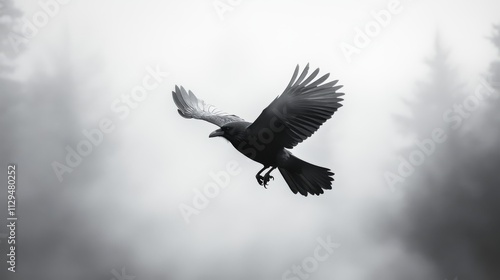 Monochrome crow in flight, foggy forest. photo