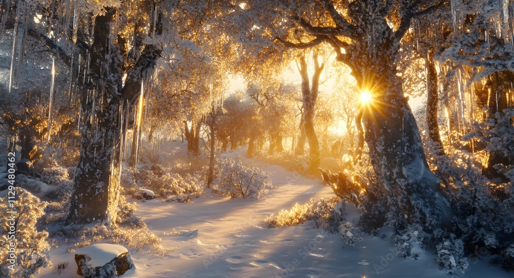 A snowy forest at sunset, with the sun casting long shadows and illuminating snow-covered trees in warm hues of orange and pink A snowy forest at sunset, with the sun casting long shadows and illuminating snow-covered trees in warm hues of orange and pink